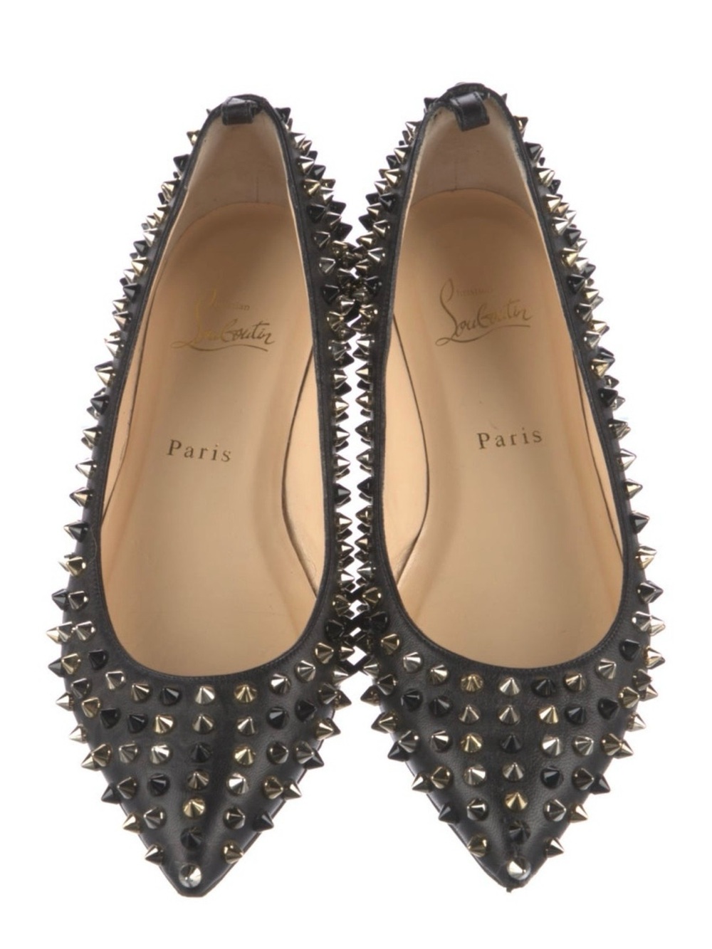Christian Louboutin Black Leather Pointed-Toe Studded Ballet Flats W/ Dust Bag - Picture 2 of 5
